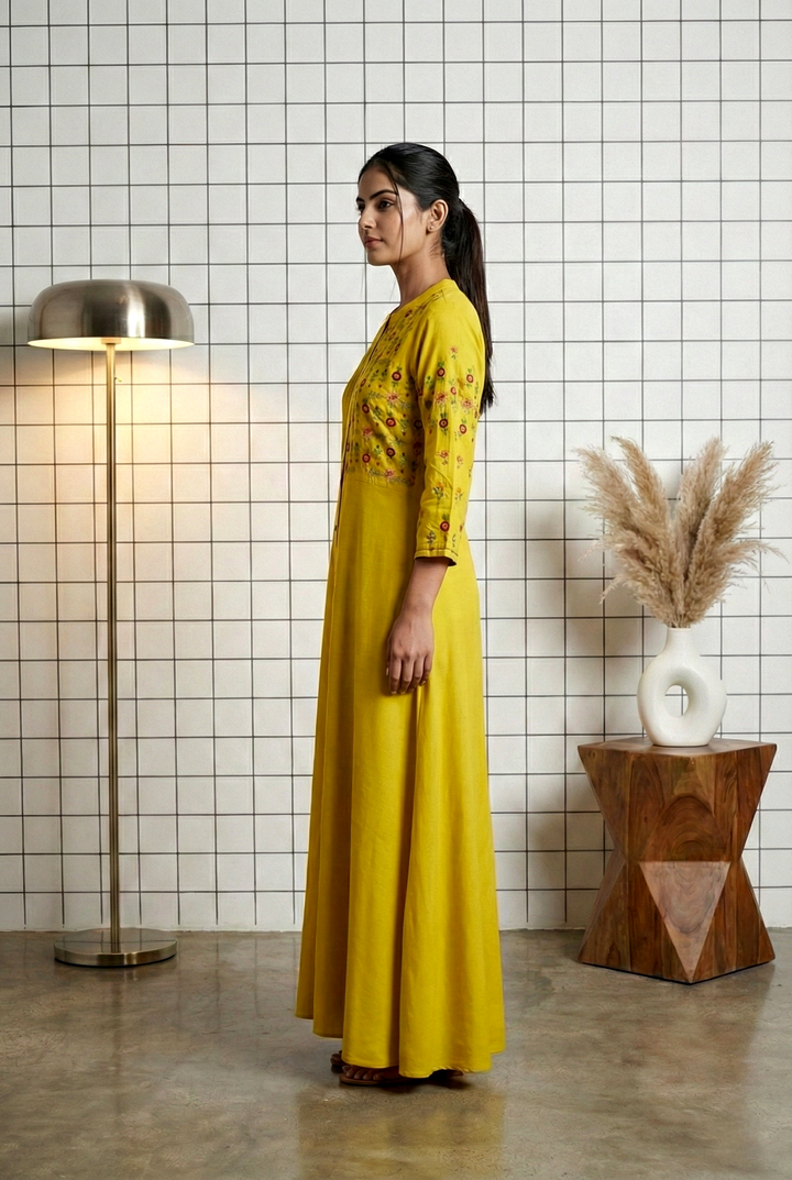 Mustard Rayon Floral Thread Embroidery Long Dress