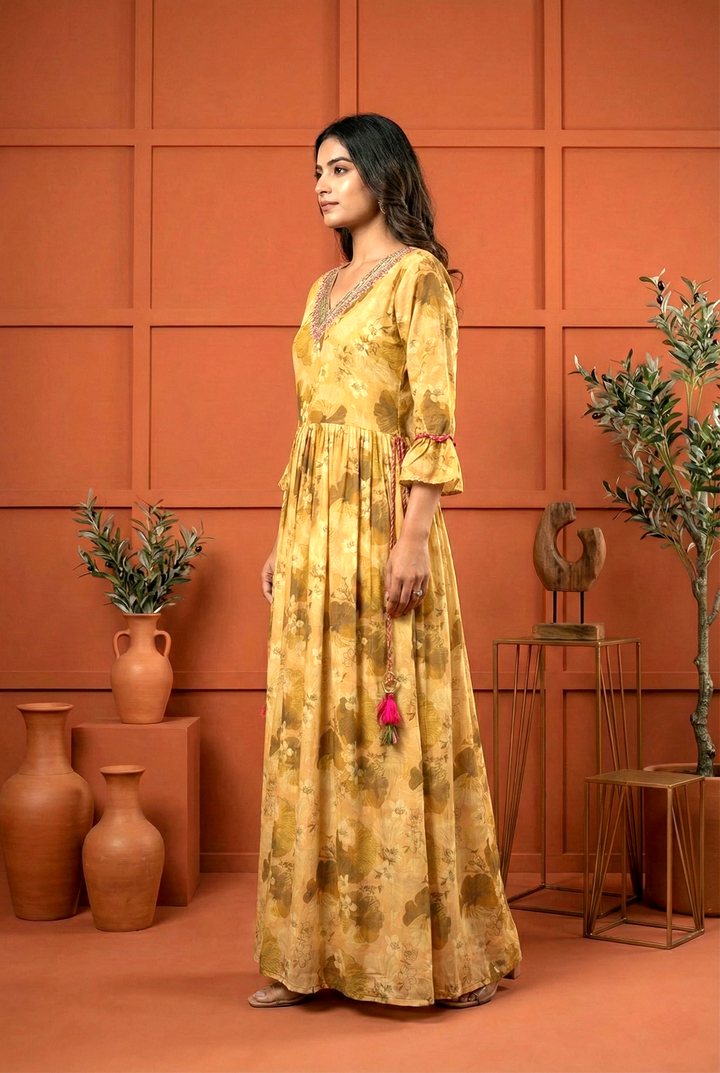 Beige Georgette Zari Embroidery Long Dress