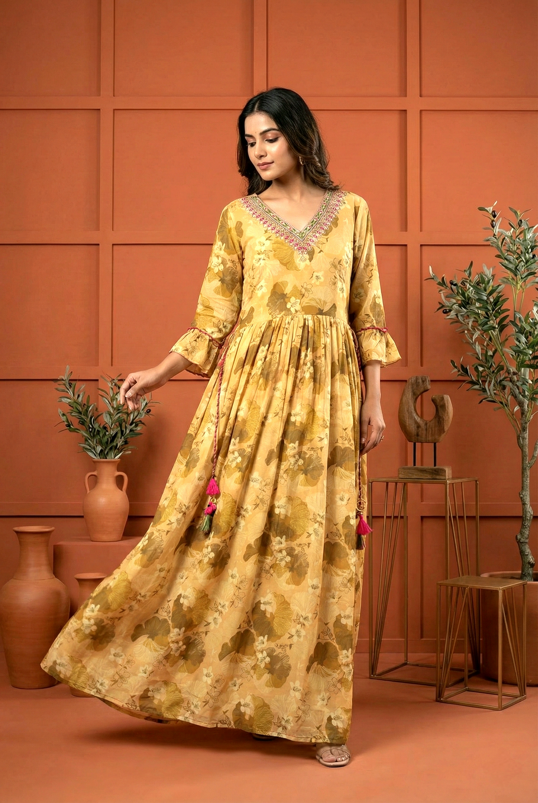 Neerus Beige Ethnic Hand Embroidered Georgette Maxi Dress for Festive Wedding Women Neerus India Neerus Beige Ethnic Hand Embroidered Georgette Maxi Dress for Festive Wedding Women Neerus India