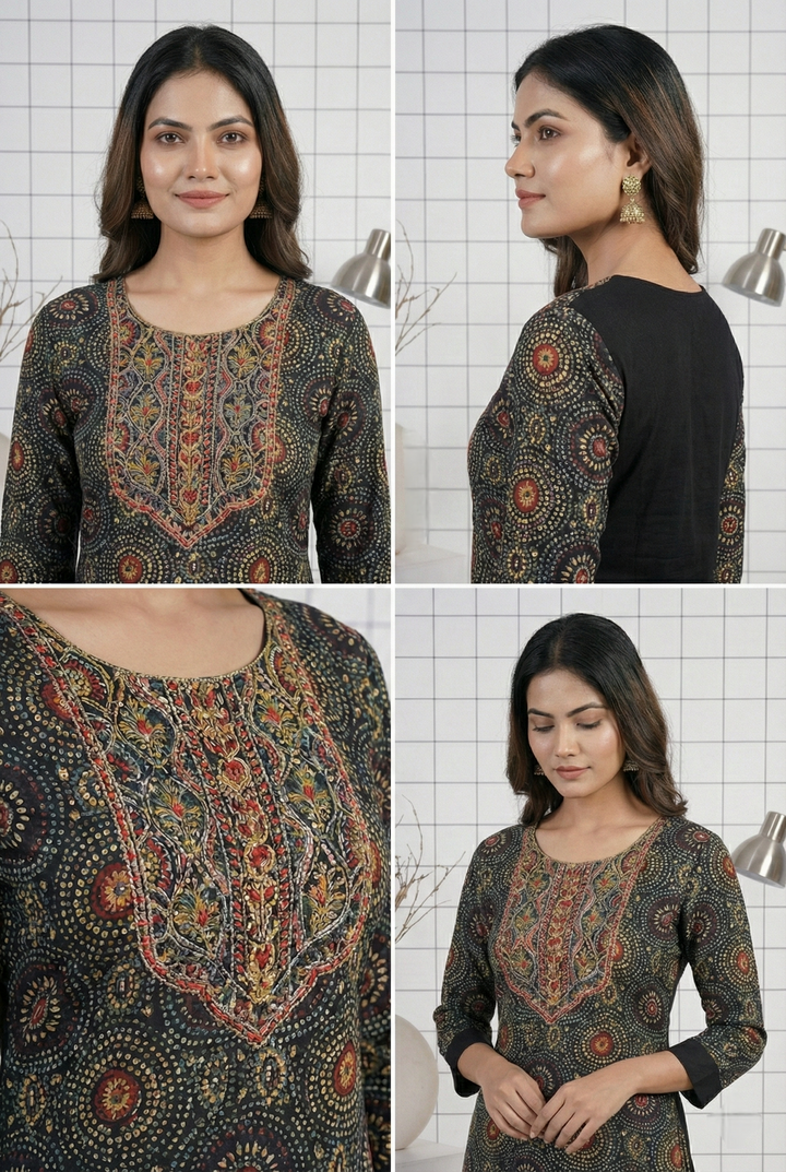 Black Rayon Floral Embroidery Dress