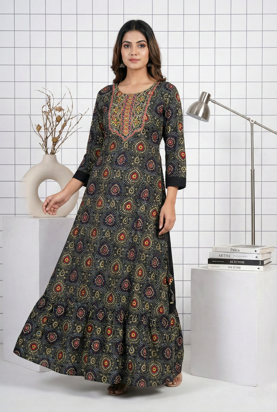 Neerus Black Floral Hand Embroidered Rayon Maxi Dress for Casual Party Women Neerus India Neerus Black Floral Hand Embroidered Rayon Maxi Dress for Casual Party Women Neerus India