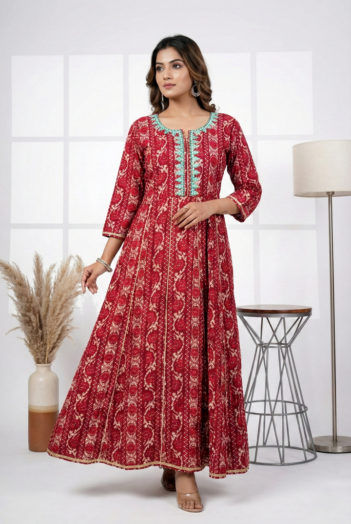 Magenta Rayon Printed Long Dress