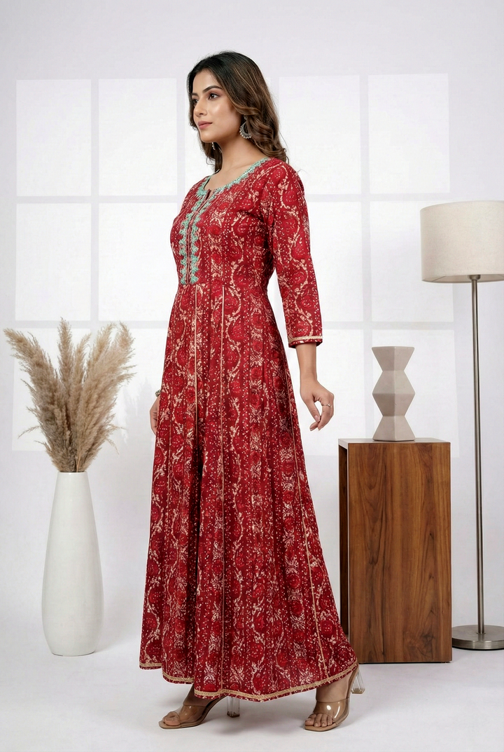 Magenta Rayon Printed Long Dress