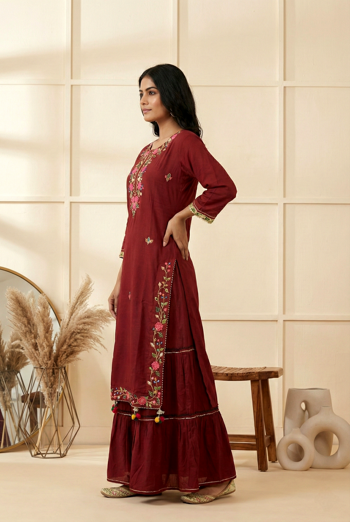 Maroon Georgette Floral And Mirror Embroidery Dress