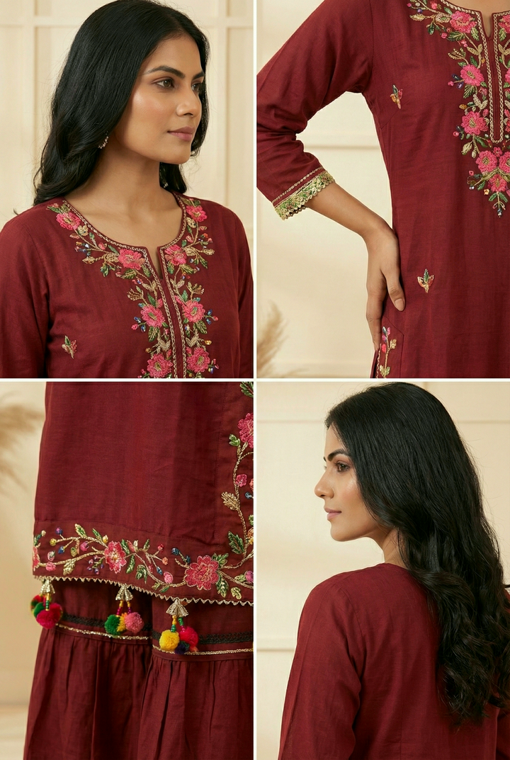 Maroon Georgette Floral And Mirror Embroidery Dress