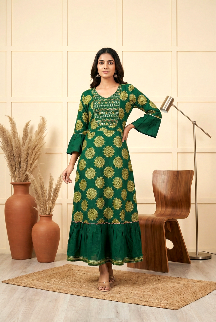 Bottle Green Cotton Floral Printed Dress