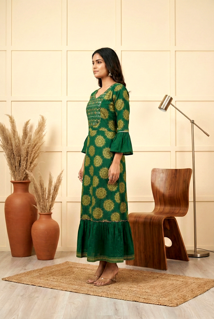 Bottle Green Cotton Floral Printed Dress