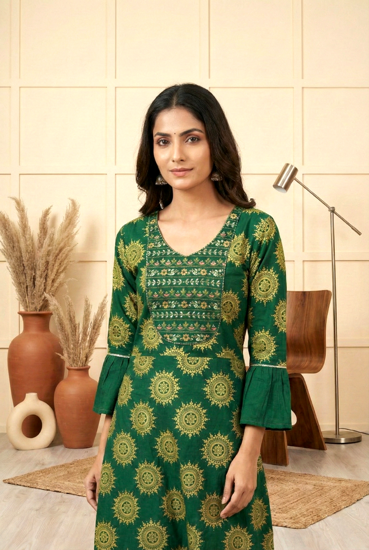 Bottle Green Cotton Floral Printed Dress