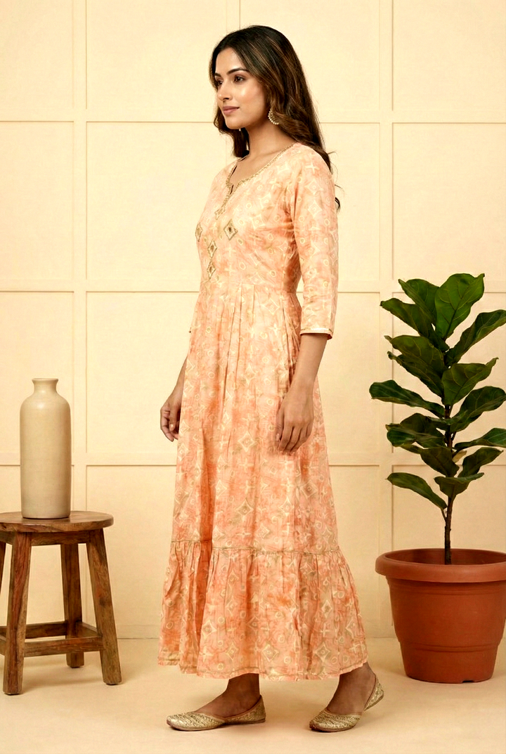 Orange Rayon Printed And Mirror Embroidery Dress