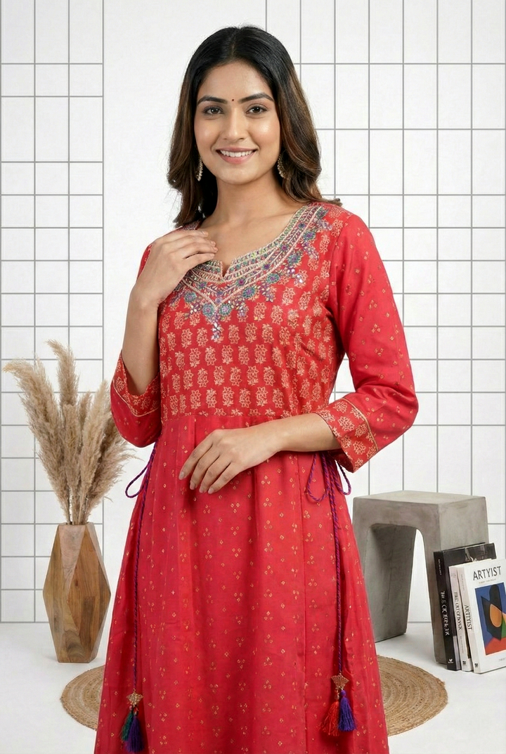 Rani Pink Muslin Beads And Floral Embroidery Dress