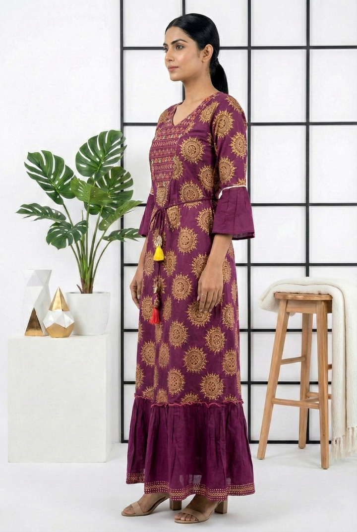 Wine Cotton Floral Printed Dress