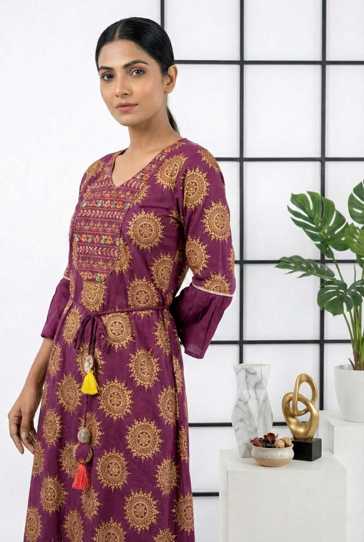 Wine Cotton Floral Printed Dress