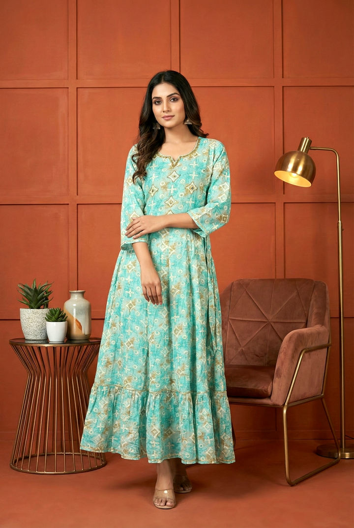 Sea Green Rayon Printed And Mirror Embroidery Dress