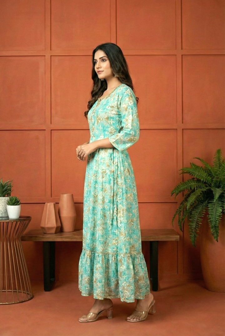 Sea Green Rayon Printed And Mirror Embroidery Dress