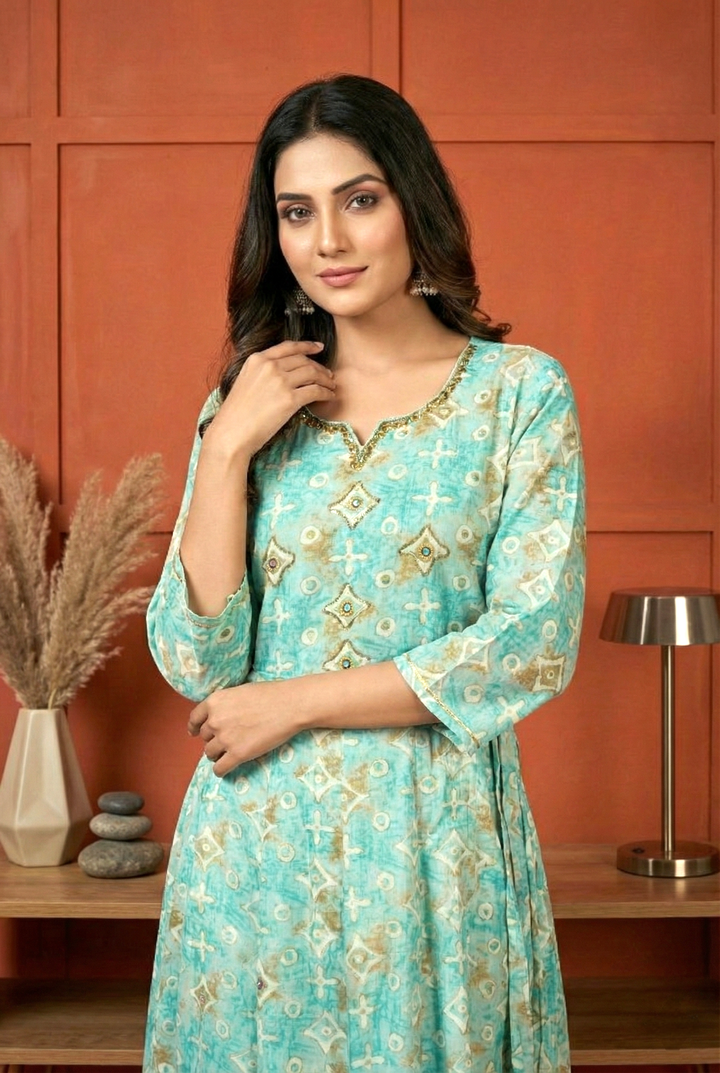 Sea Green Rayon Printed And Mirror Embroidery Dress