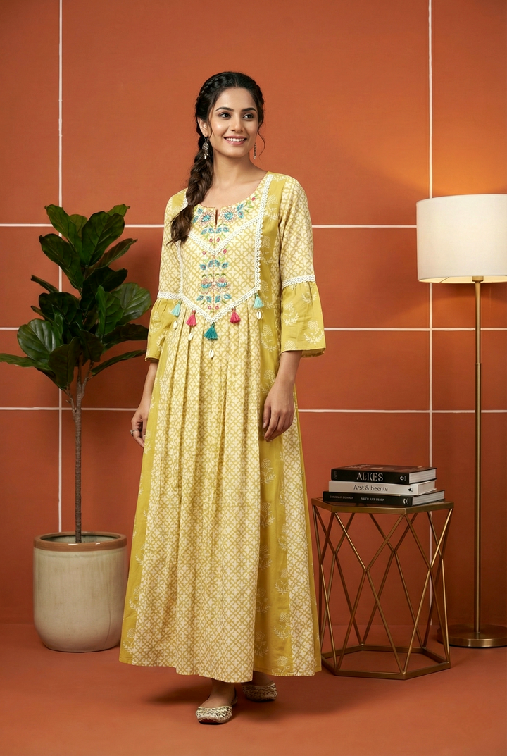 Green Muslin Hand Embroidery Dress