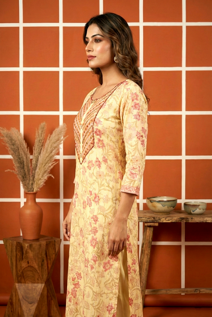 Cream Muslin Zari Embroidery Kurta