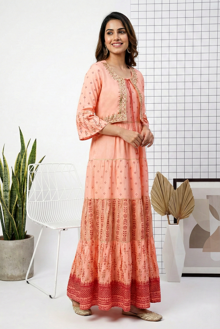Peach Georgette Zari Hand Embroidery Dress