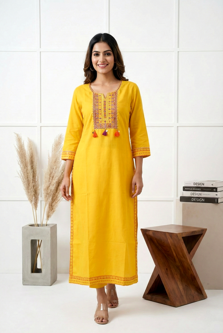 Mustard Muslin Zari Embroidery Kurta
