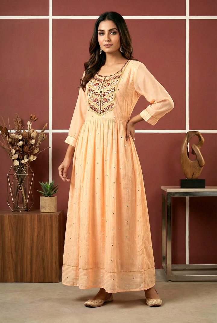 Peach Georgette Hand Embroidery Long Dress