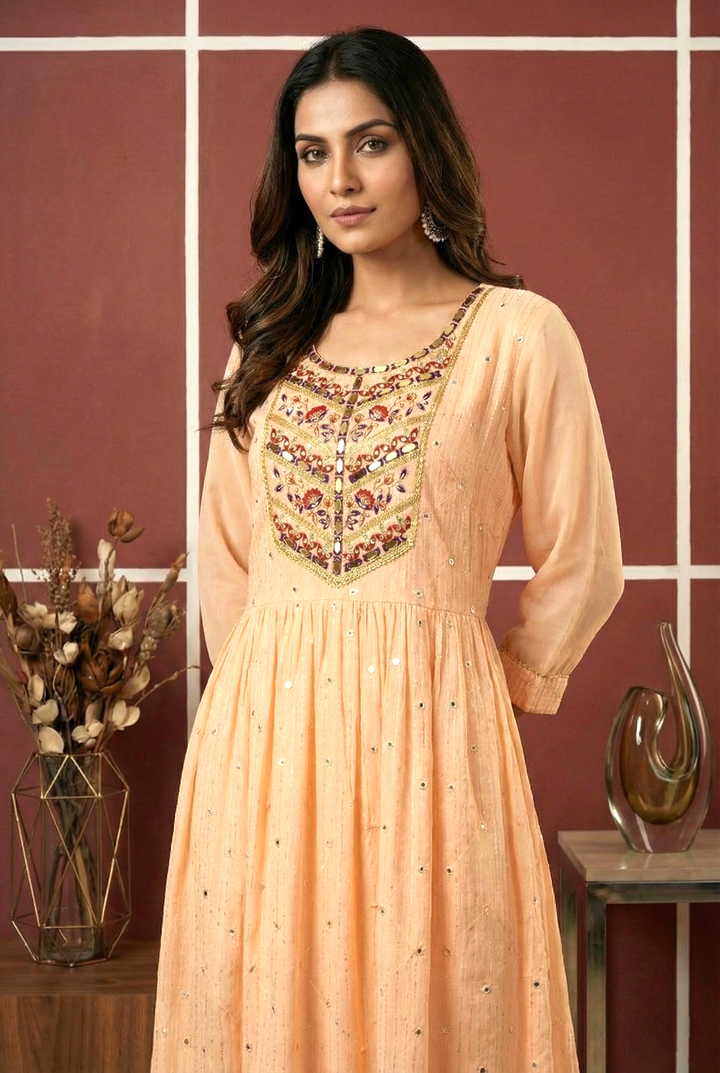 Peach Georgette Hand Embroidery Long Dress