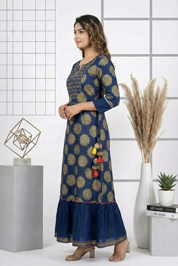 Navy Blue Cotton Floral Printed Dress