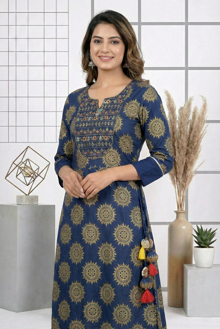 Navy Blue Cotton Floral Printed Dress