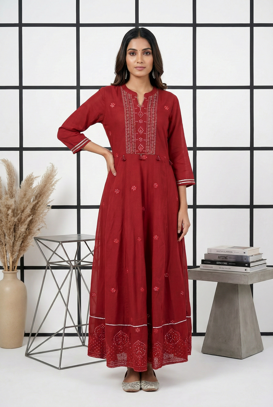 Neerus Maroon Ethnic Hand Embroidered Georgette Maxi Dress for Festive Wedding Women Neerus India Neerus Maroon Ethnic Hand Embroidered Georgette Maxi Dress for Festive Wedding Women Neerus India