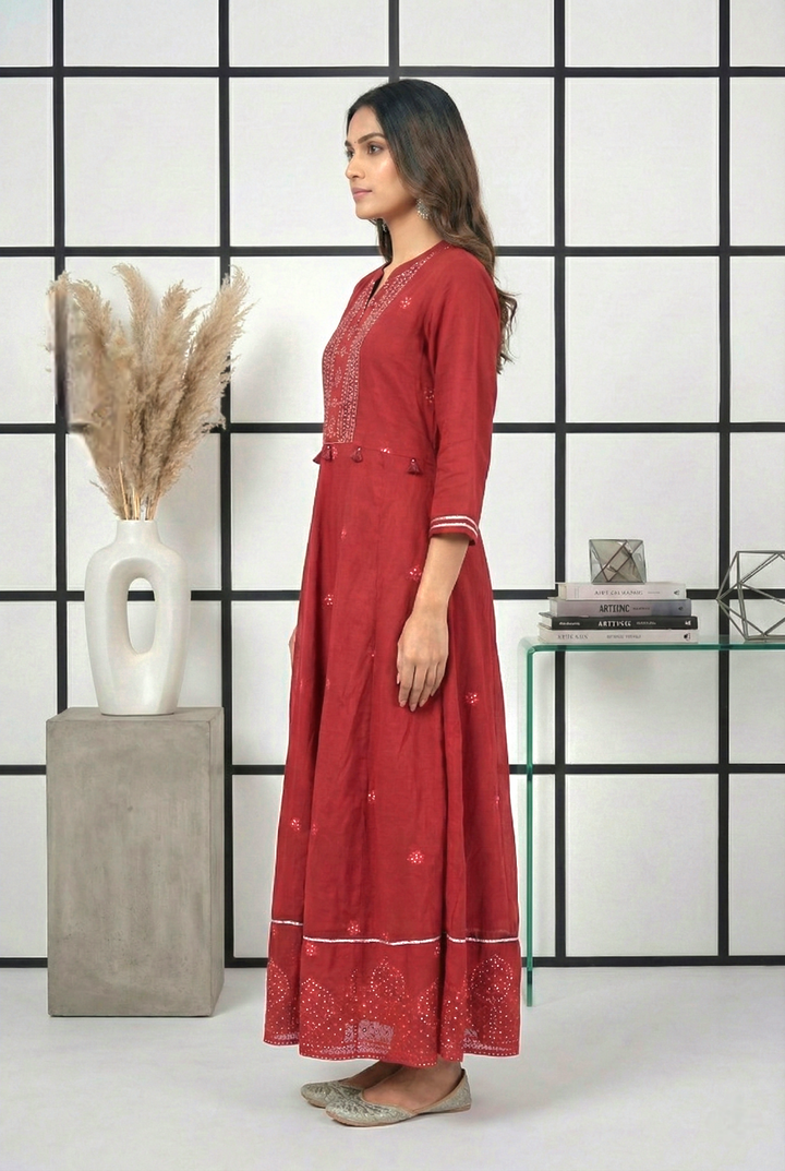 Maroon Georgette Hand Embroidery Long Dress
