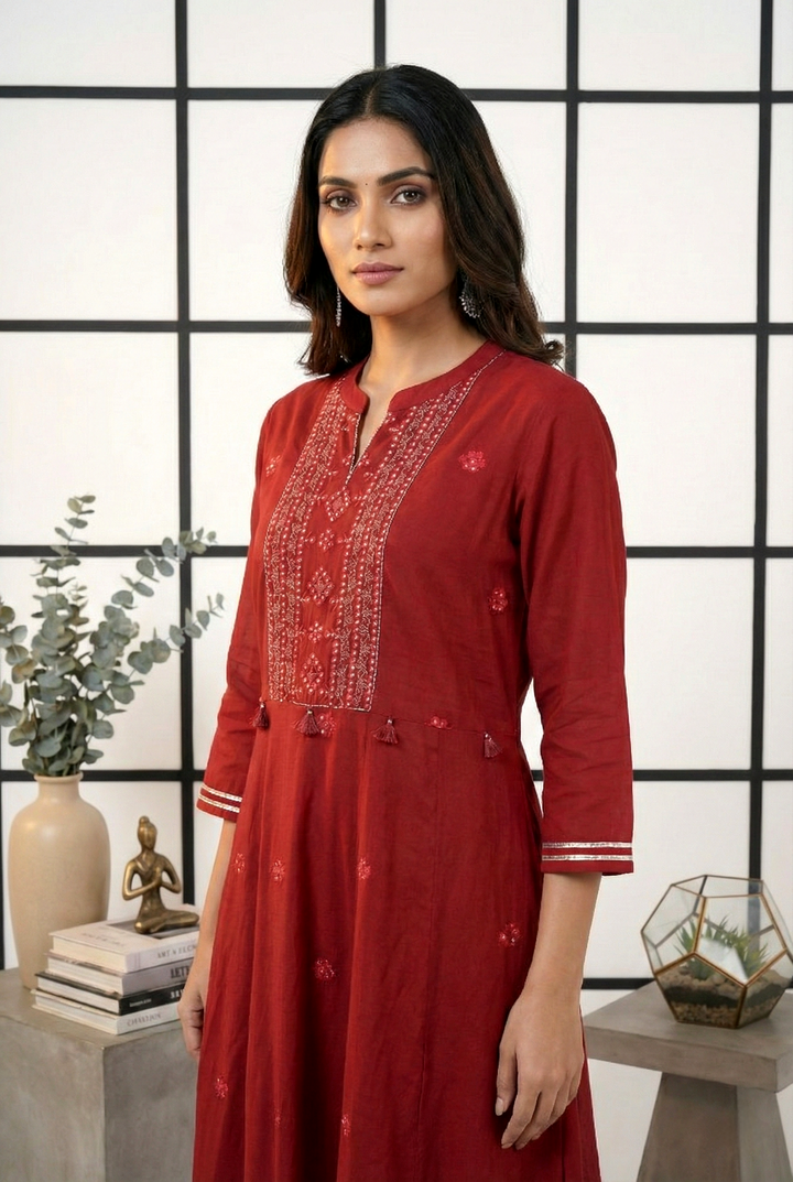 Maroon Georgette Hand Embroidery Long Dress
