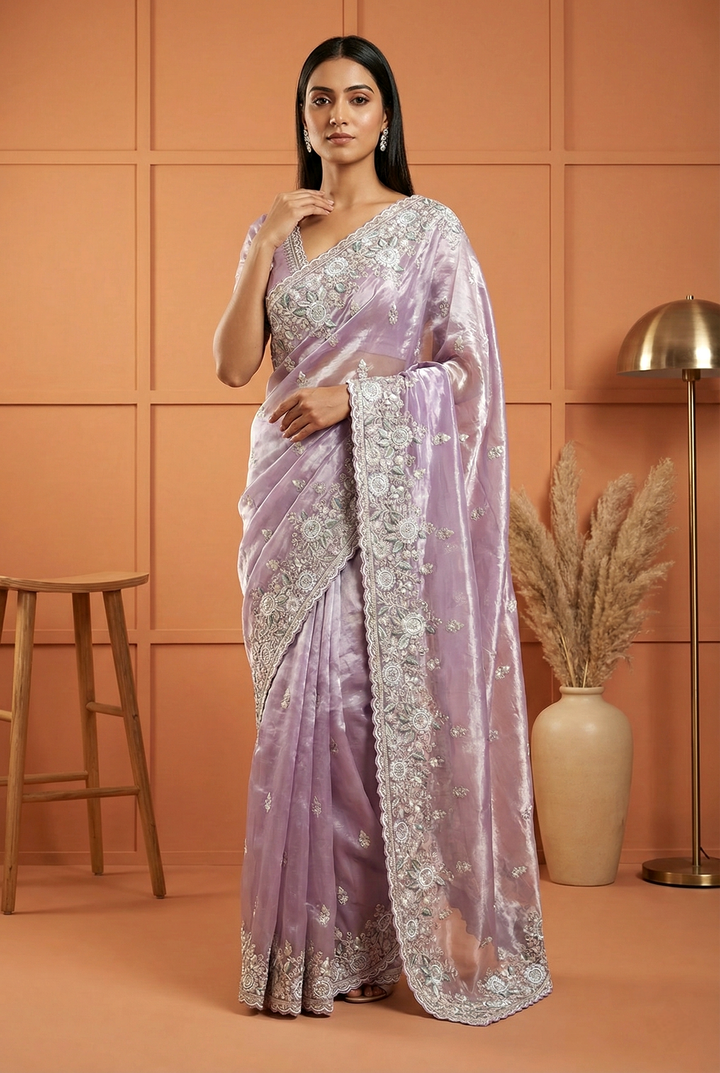 Neerus Purple organza hand embroidered saree - front view