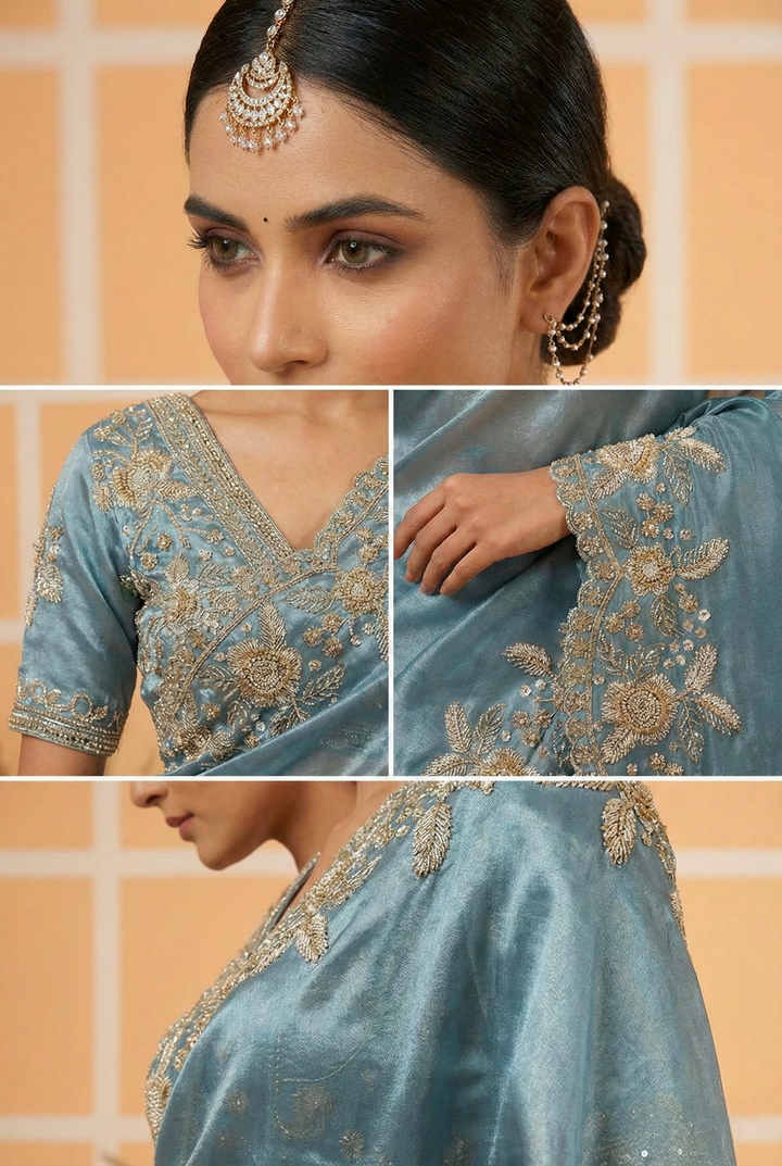 Sea Green Organza Heavy Zari Floral Embroidery Saree