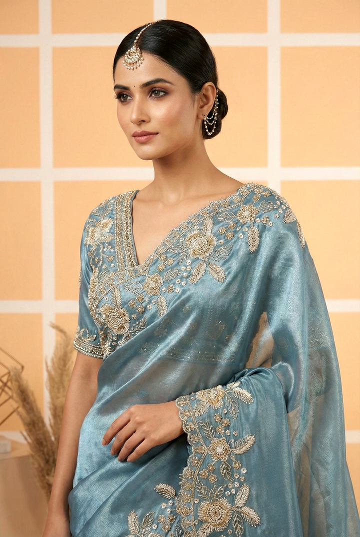 Sea Green Organza Heavy Zari Floral Embroidery Saree