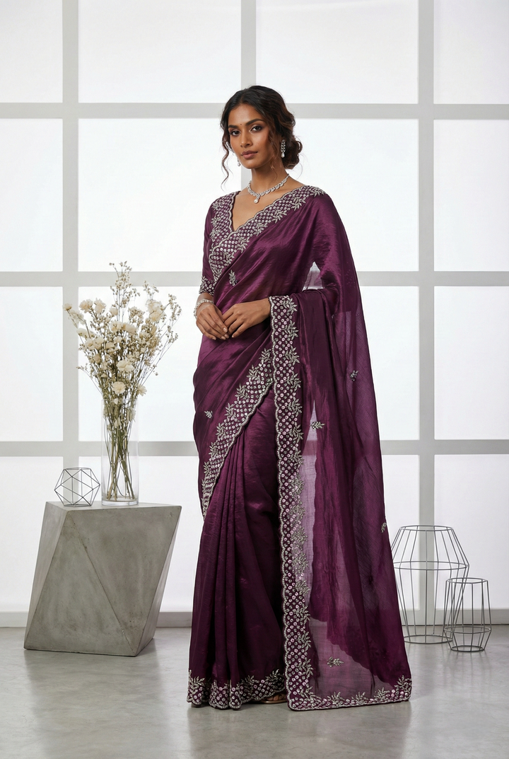 Wine Jimmy Choo Floral Sequins Embroidered Saree