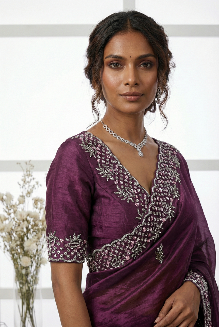 Wine Jimmy Choo Floral Sequins Embroidered Saree