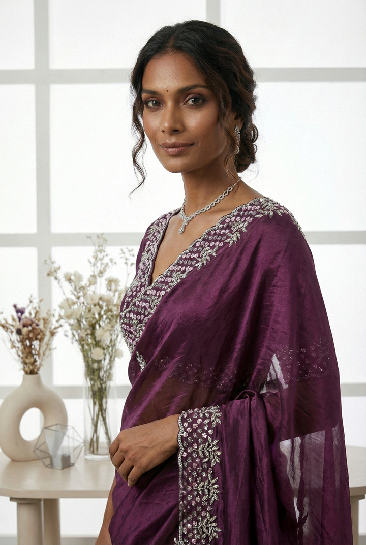Wine Jimmy Choo Floral Sequins Embroidered Saree