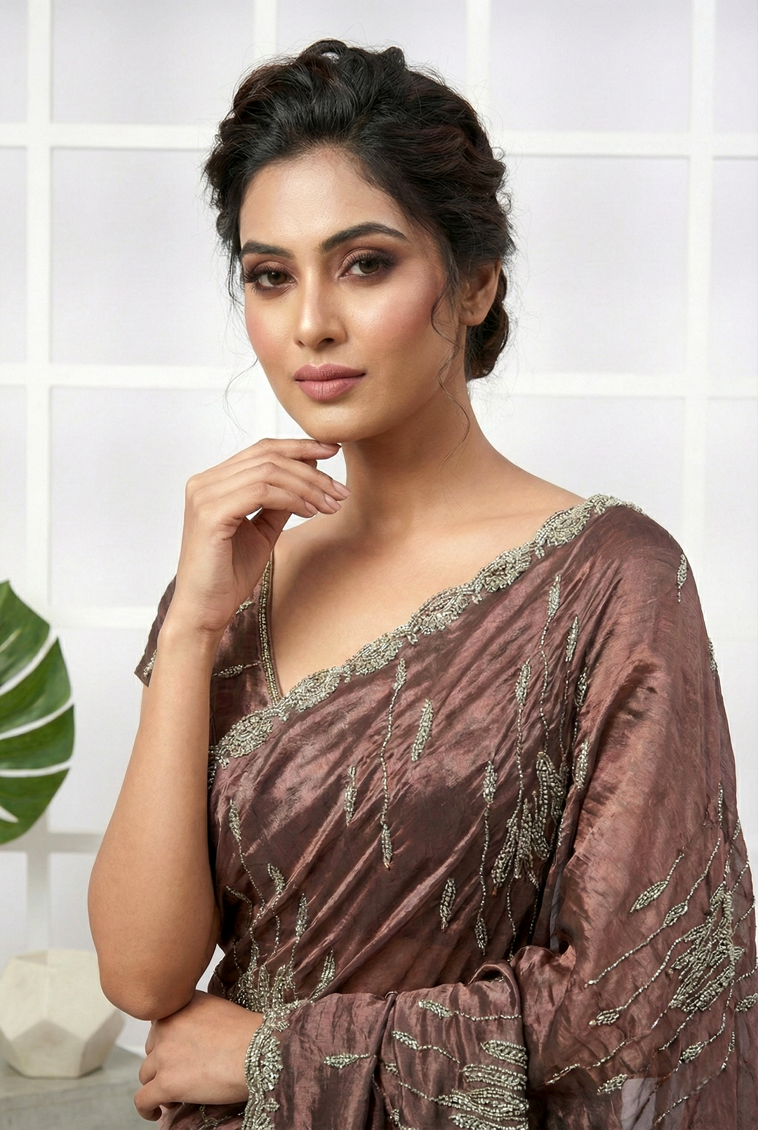 Neerus Pink silk hand embroidered saree - back view