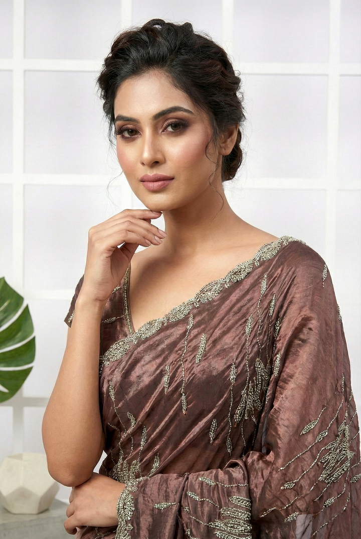 Neerus Pink silk hand embroidered saree - back view