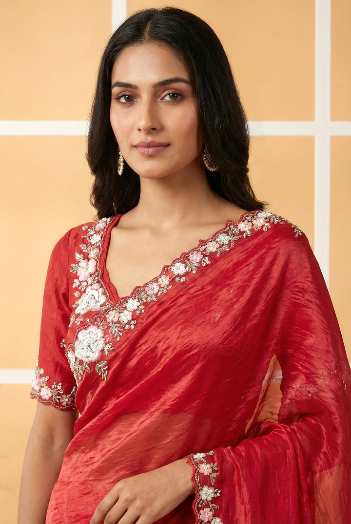Red Heavy Sequins Embroidered Organza Saree