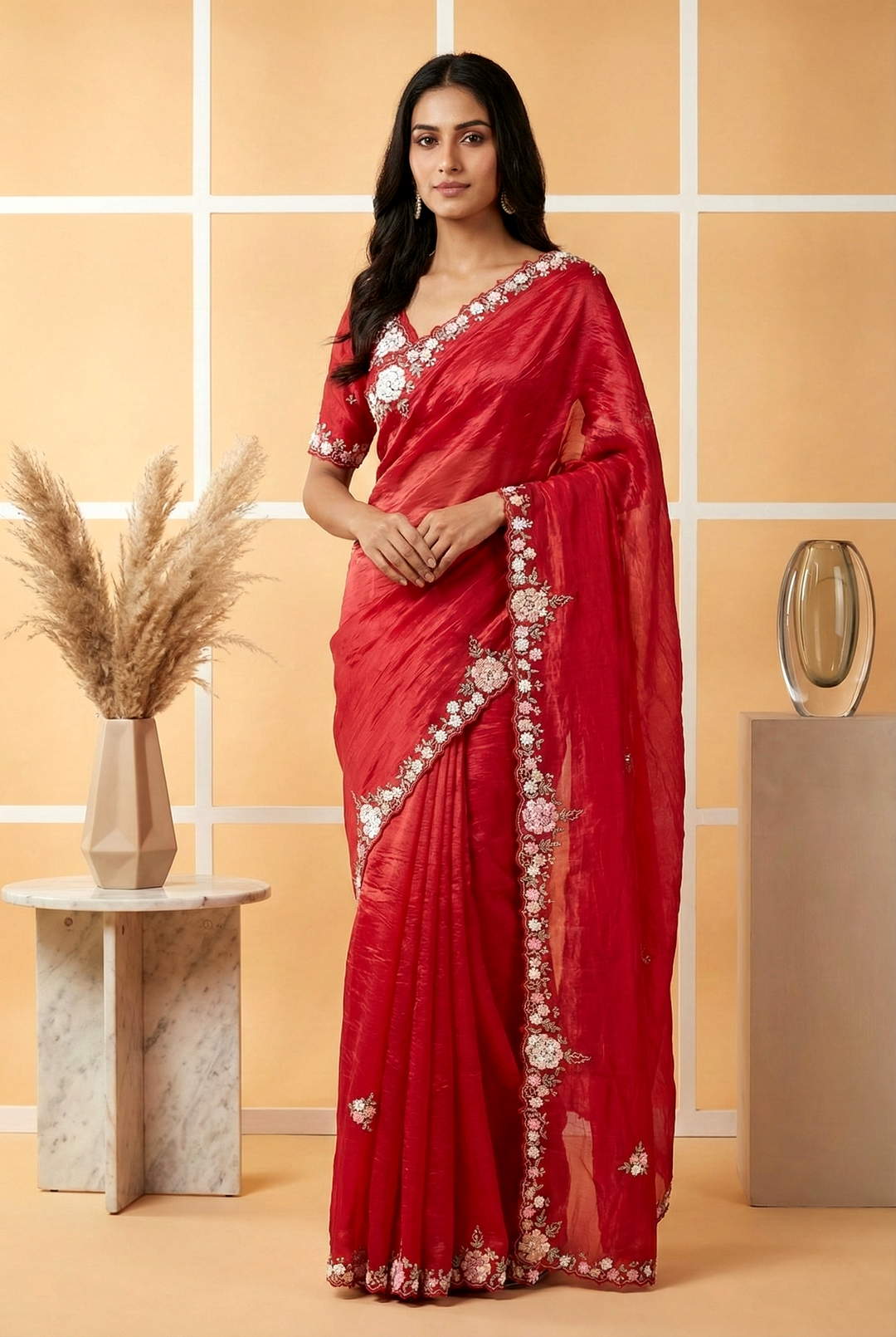 Red Heavy Sequins Embroidered Organza Saree