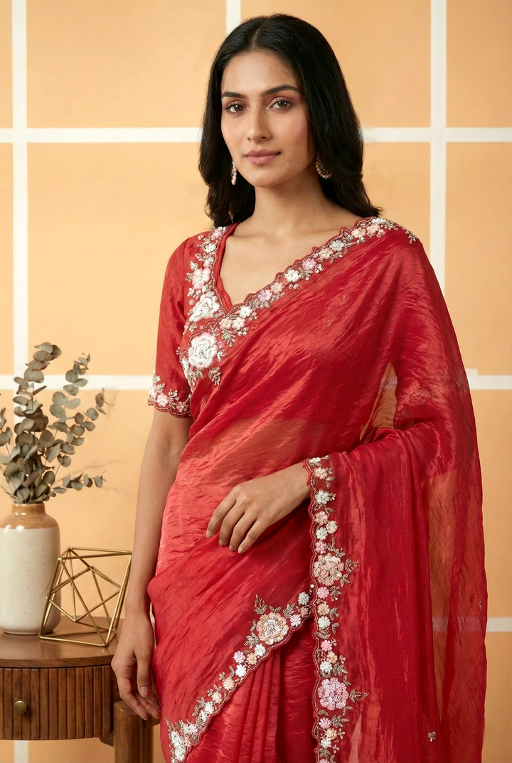 Red Heavy Sequins Embroidered Organza Saree