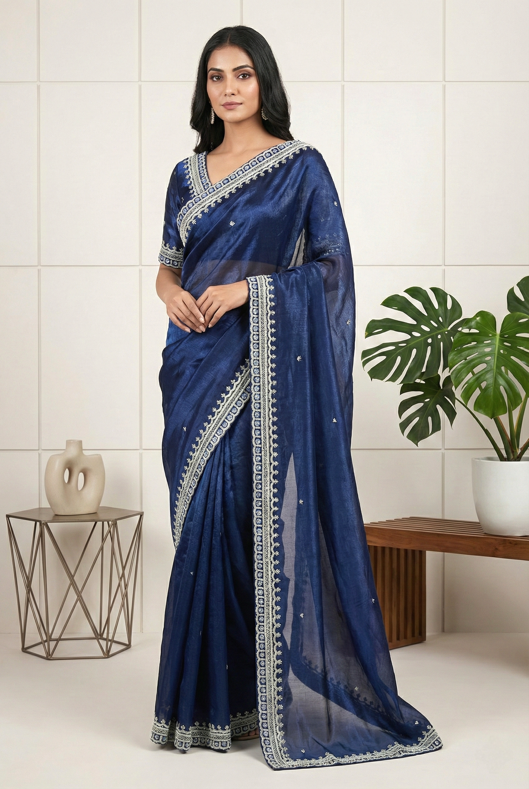 Neerus Blue Organza Embellished Saree - front view