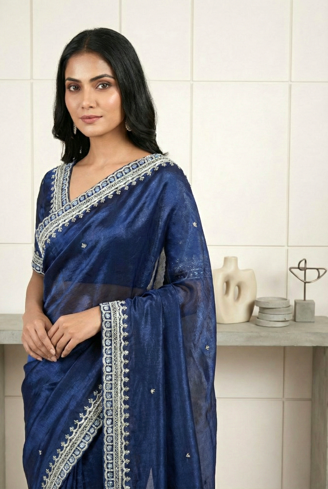 Neerus Blue Organza Embellished Saree - side view
