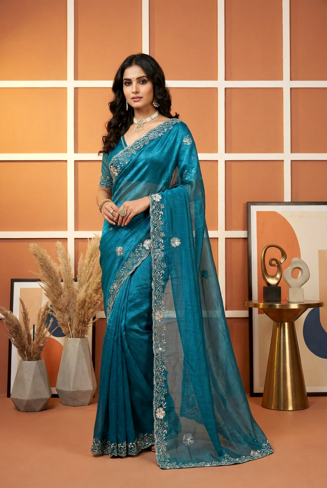 Neerus Green organza embellished saree - front view