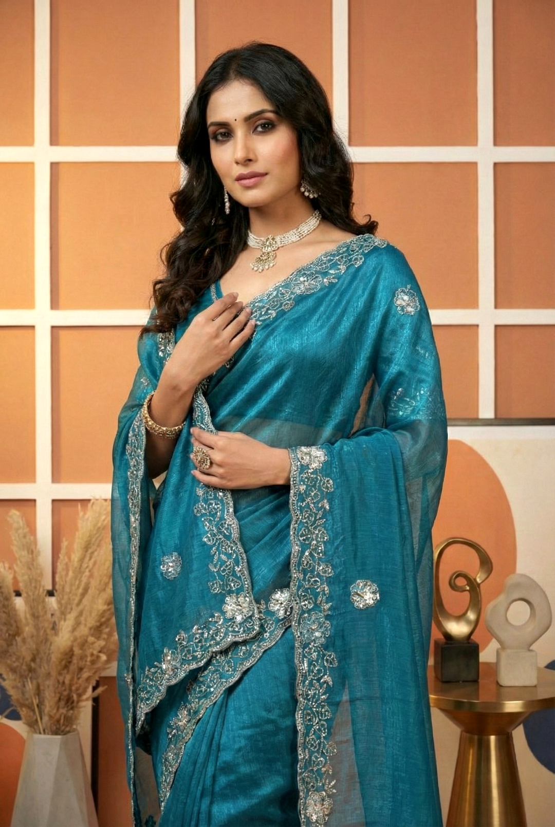 Neerus Green organza embellished saree - side view