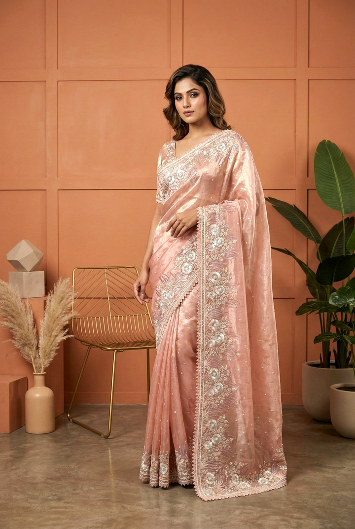 Neerus Pink Organza Hand Embroidered Saree - front view