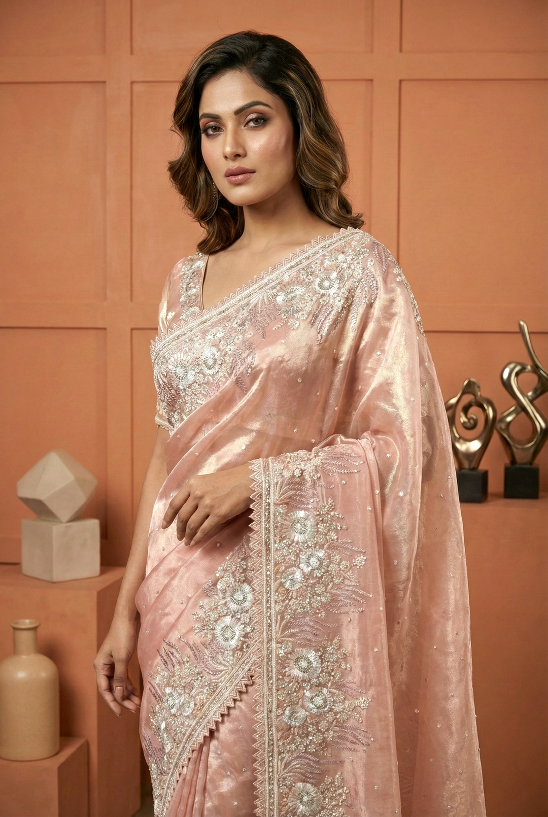 Neerus Pink Organza Hand Embroidered Saree - side view