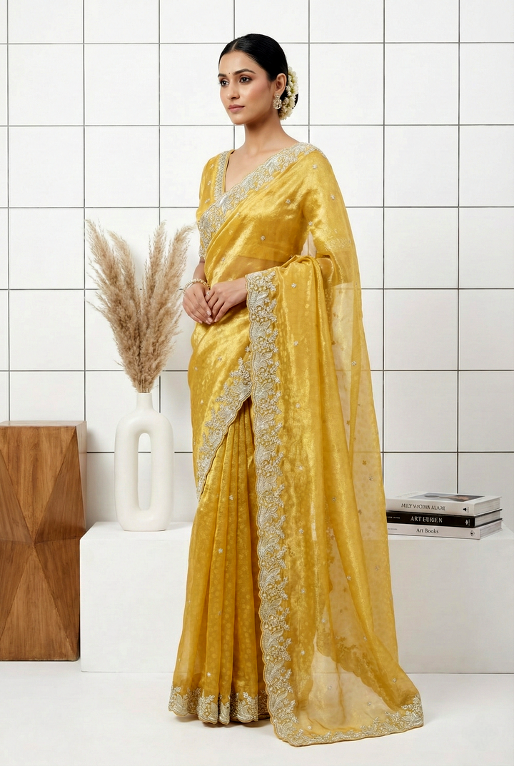 Neerus Yellow organza hand embroidered saree - front view