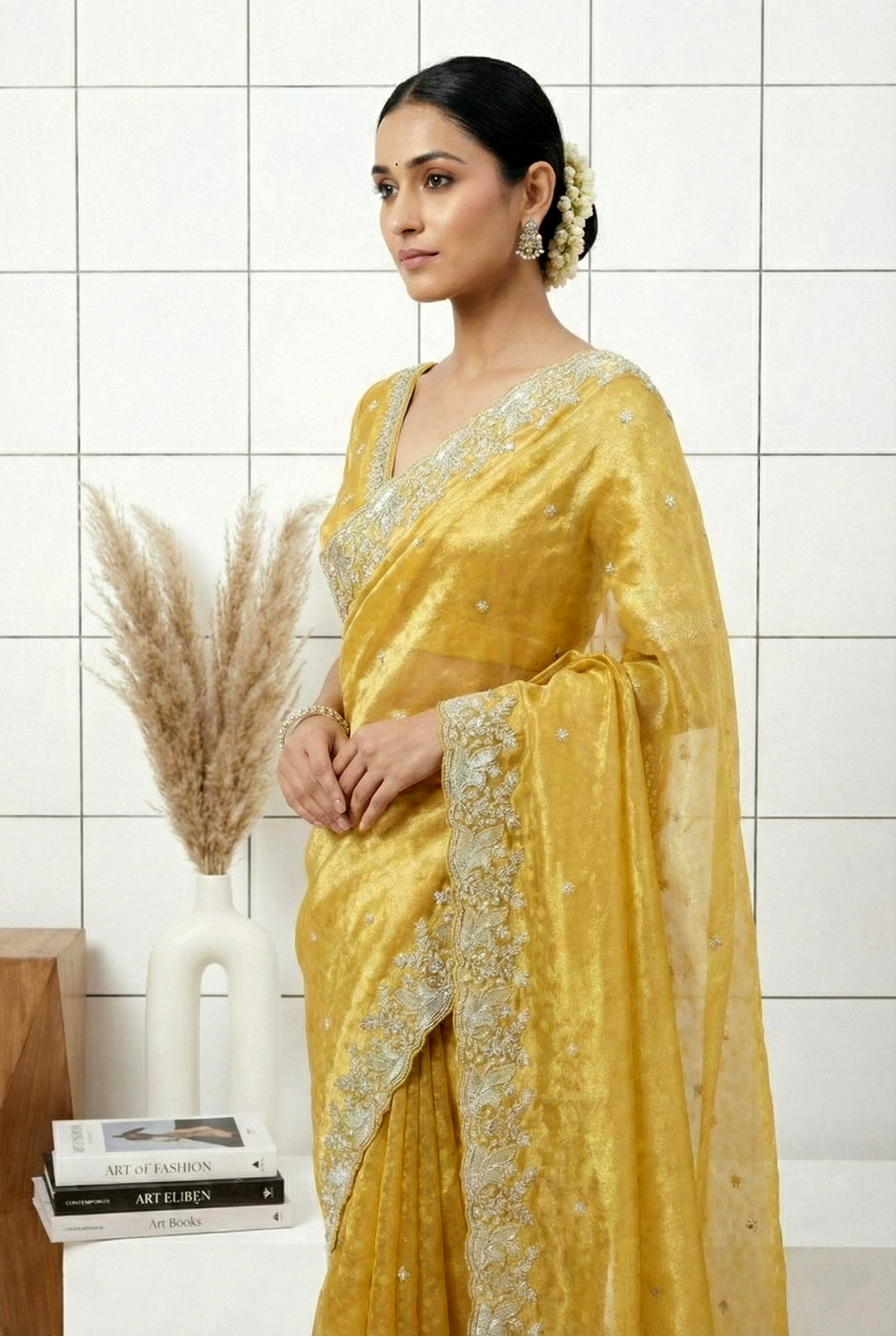 Neerus Yellow organza hand embroidered saree - side view