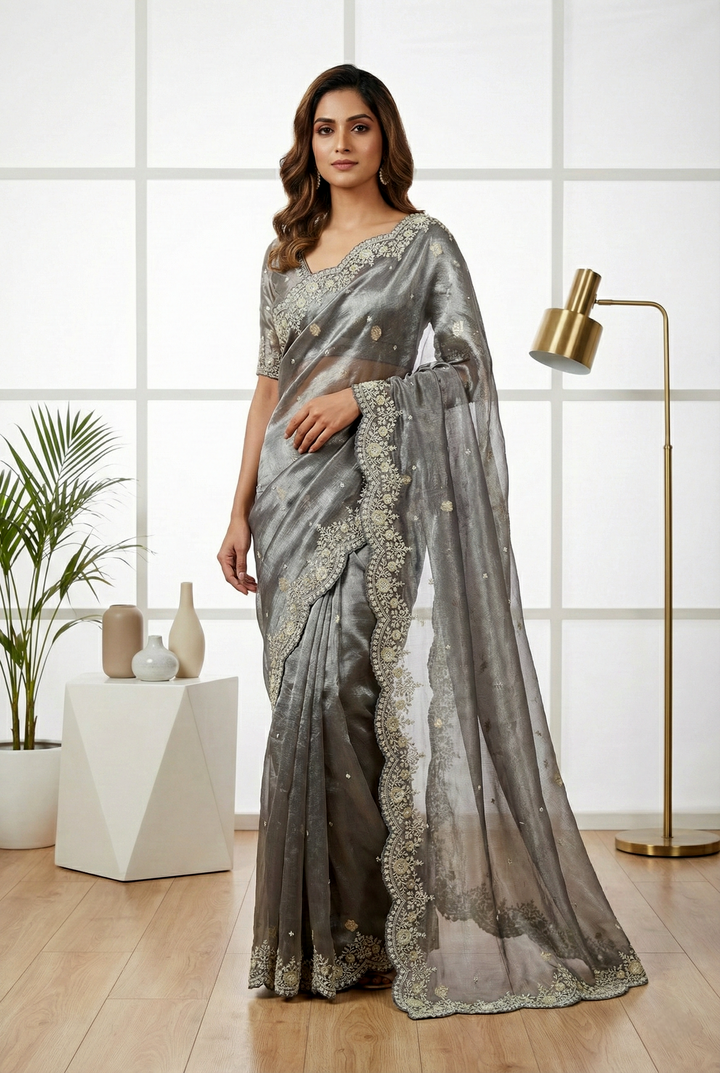Grey Zari Hand Embroidery Organza Saree